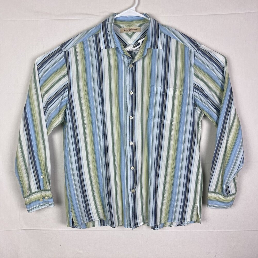 Tommy Bahama Men’s Large Green Blue Striped Button Up‎ Long Sleeve 100% Tencil